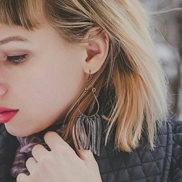 Artisan Leather Fringe Rustic Matte Earrings - Picture 5 of 7